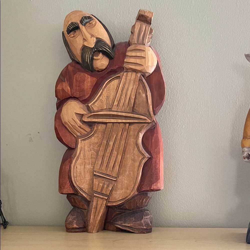 Hand-Carved Wooden Musician Sculpture - Red & Natural Wood Tones